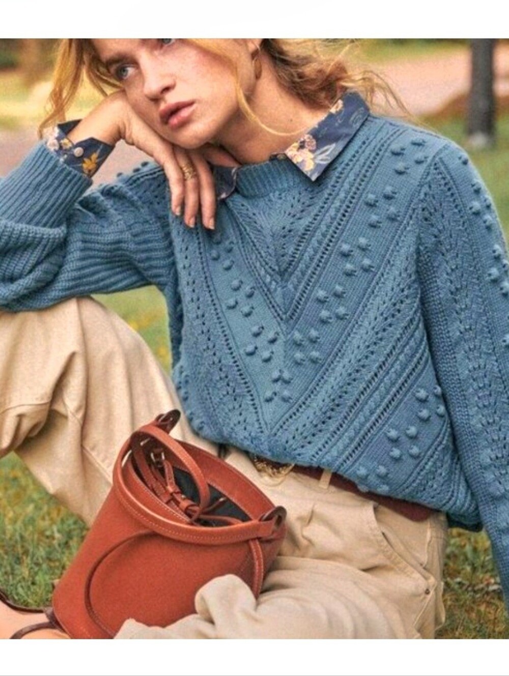 NWOT Sezane Solal Textured Bobble Knit Sweater. Vintage Blue. Oversized Size XS.